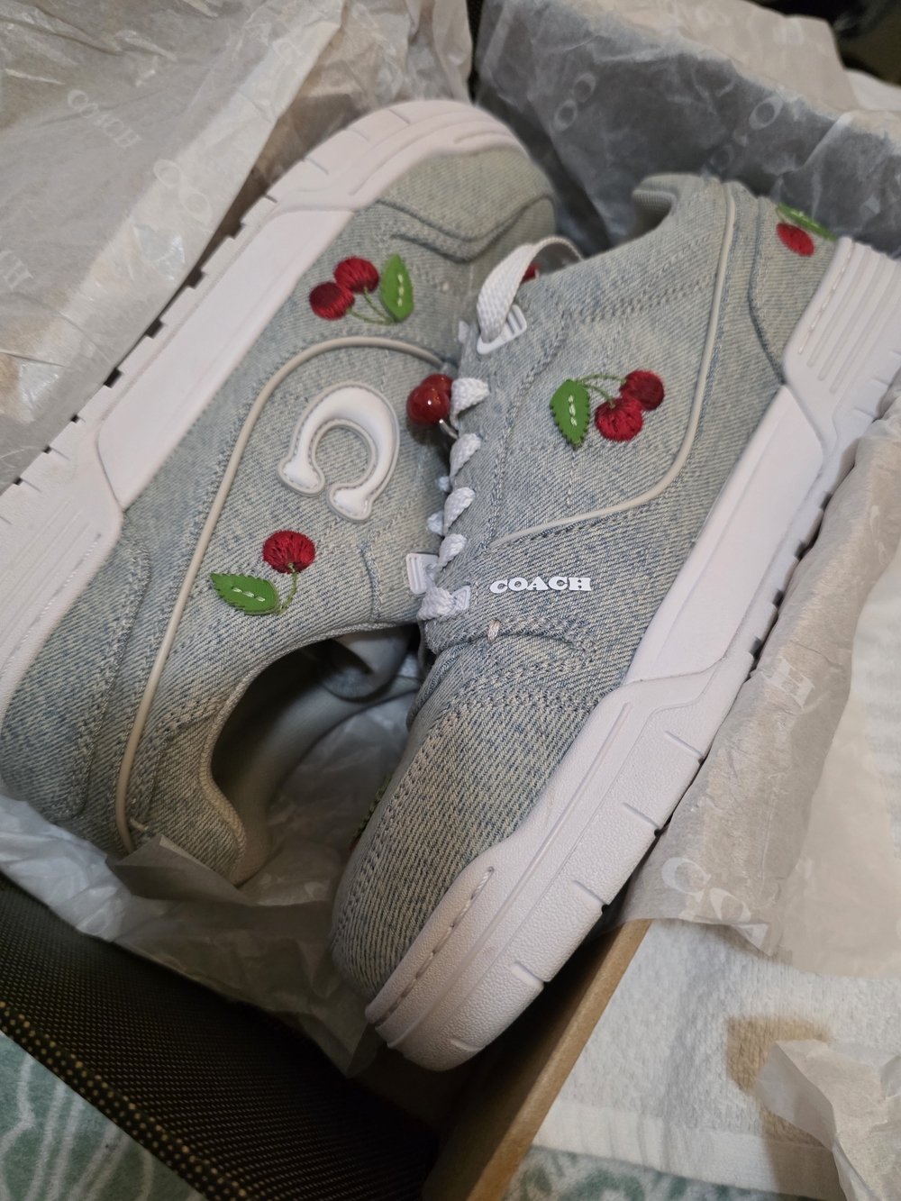 COACH Grey Denim Cherry Embroidered Sneakers